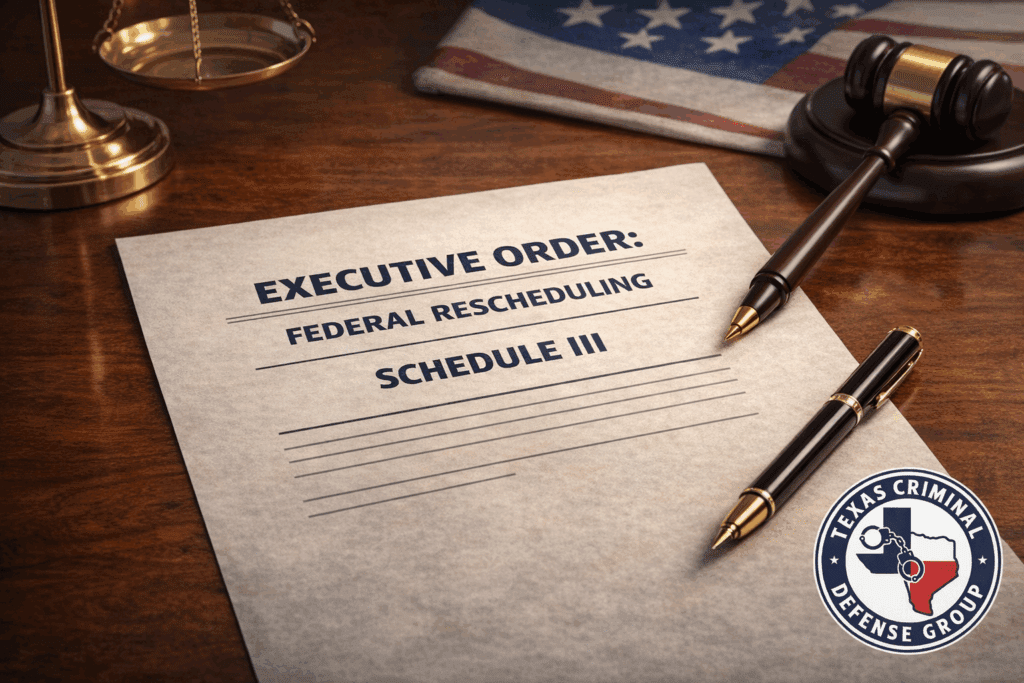 Executive order on federal marijuana rescheduling placed on an attorney’s desk with legal tools